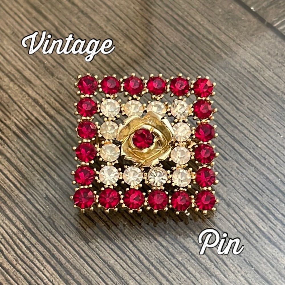 Vintage Square Rhinestone Brooch Gold and Red Square Rhinestone Brooch